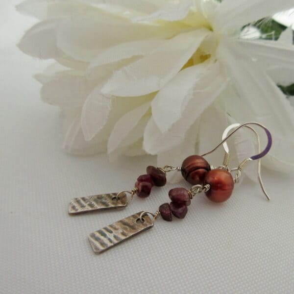Handcrafted Silver Earrings with Ruby and Pearls