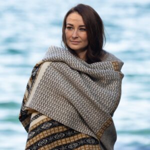 'Shetland Voyage' Wrap in Pure Shetland Wool: Natural White, Black, Sholmit & Burnt Ochre