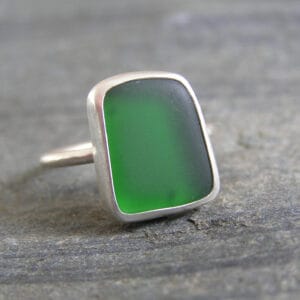 Dark Green Sea glass Ring Handmade in Recycled Sterling Silver Size P