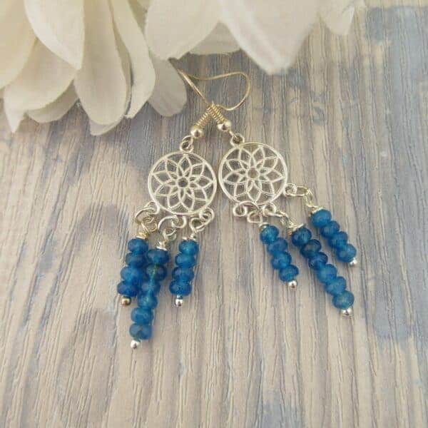 Drop earrings with silver plated dream catcher detail and cascades of bright blue quartz. On silver plated ear wires. Designed and created in the Isle of Skye