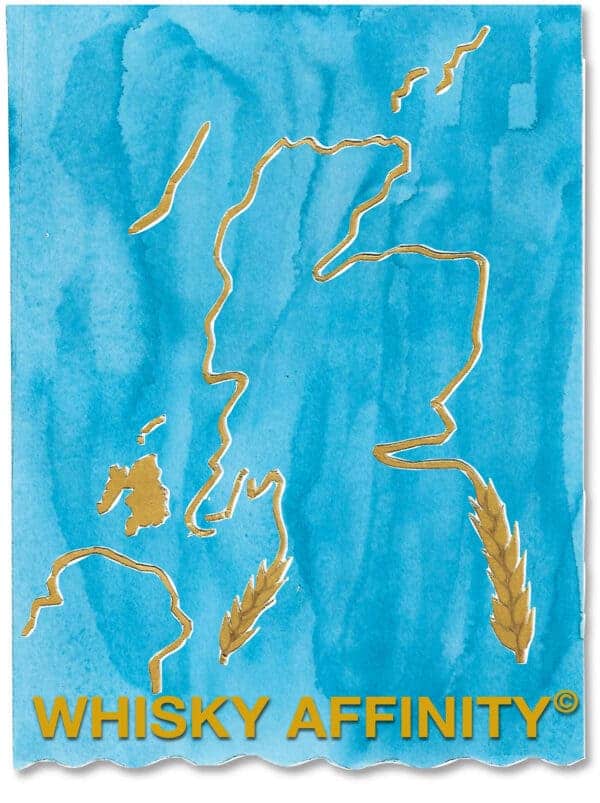 Golden outline of Scotland decorated with barley with a watercolour blue background.