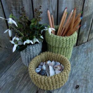 KNITTING KIT - Three Pots in Plant Dyed Green, Fawn & Grey Colonsay Wool