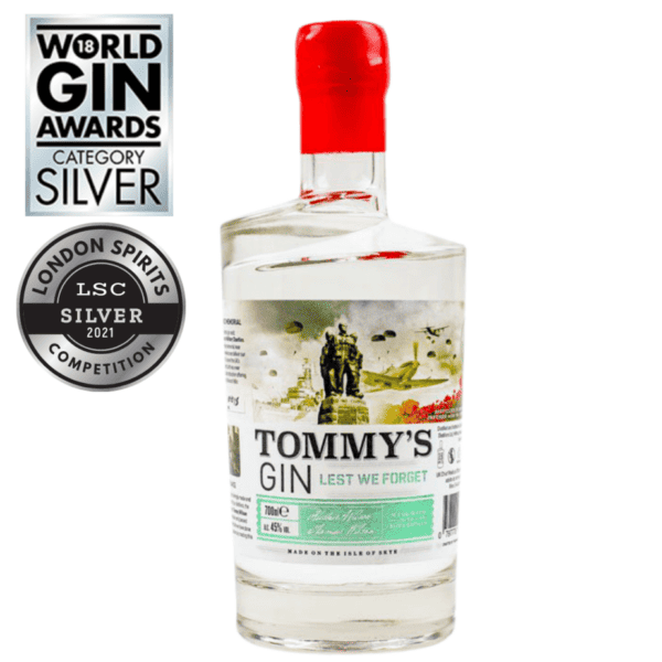 Tommy's Gin 70cl bottle. Distilled in Portree by Isle of Skye Distillers.