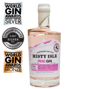 Misty Isle Pink Gin 70cl. Distilled by Isle of Skye Distillers in Portree.