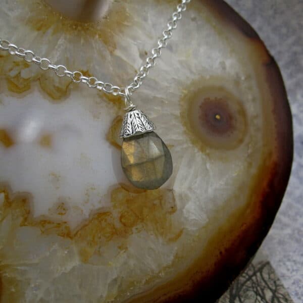 Pendant featuring labradorite on 18 inch silver plated chain. One of a Kind, designed and created in the Isle of Skye.