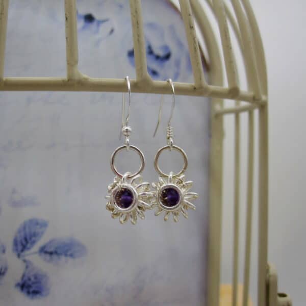 Silver Plated Earrings with Amethyst in Sunburst Halo