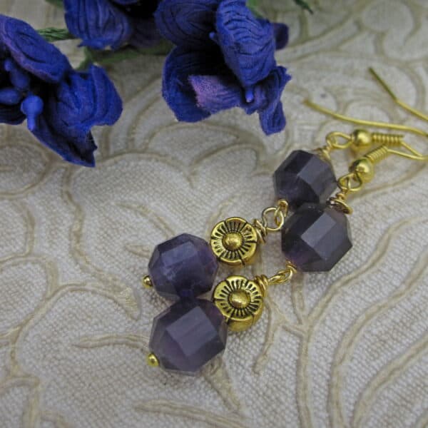 Amethyst Earrings with Gold Plated Flower Detail