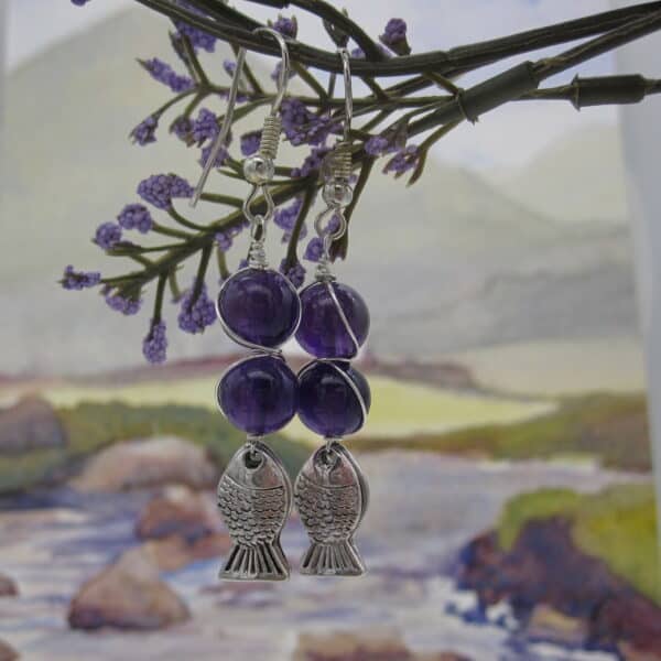 Amethyst Earrings with Fish Charm Detail