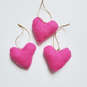 Set of 3 Harris Tweed Heart Christmas Tree Ornament Decorations in Pink - Larger Size
